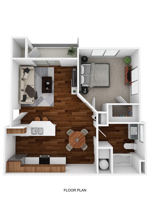 a stylized floor plan with a bedroom and a living room